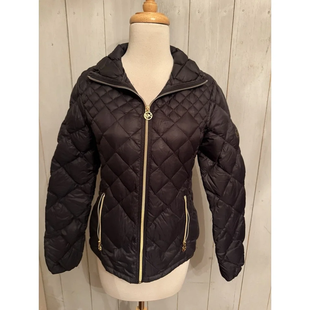 Michael Kors Down Fill Quilted Packable Black Full Gold Zip Puffer Coat Jacket S